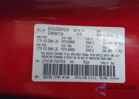 2007 Dodge Ram 1500 Slt/Trx4 Off Road/Sport from USA, damaged, VIN 1D7HU18P17S247918
